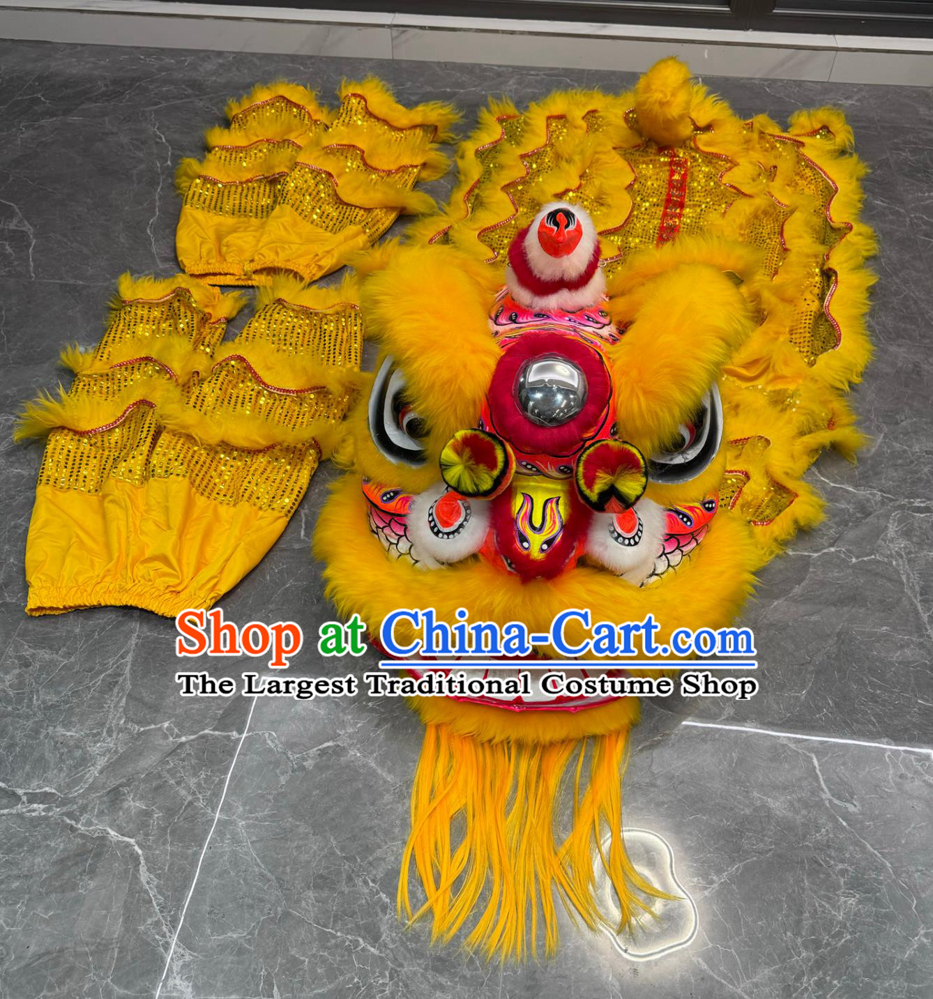 Handmade Fut San Lion Dance Equipment Golden Wool Children Size 5 Bamboo Lion Head Chinese Lion Dance Costume