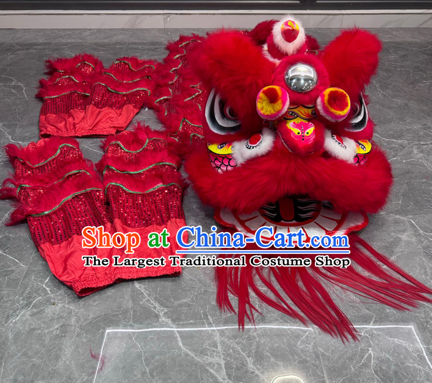Chinese Lion Dance Costume Handmade Fut San Lion Dance Equipment Red Wool Children Size 5 Bamboo Lion Head