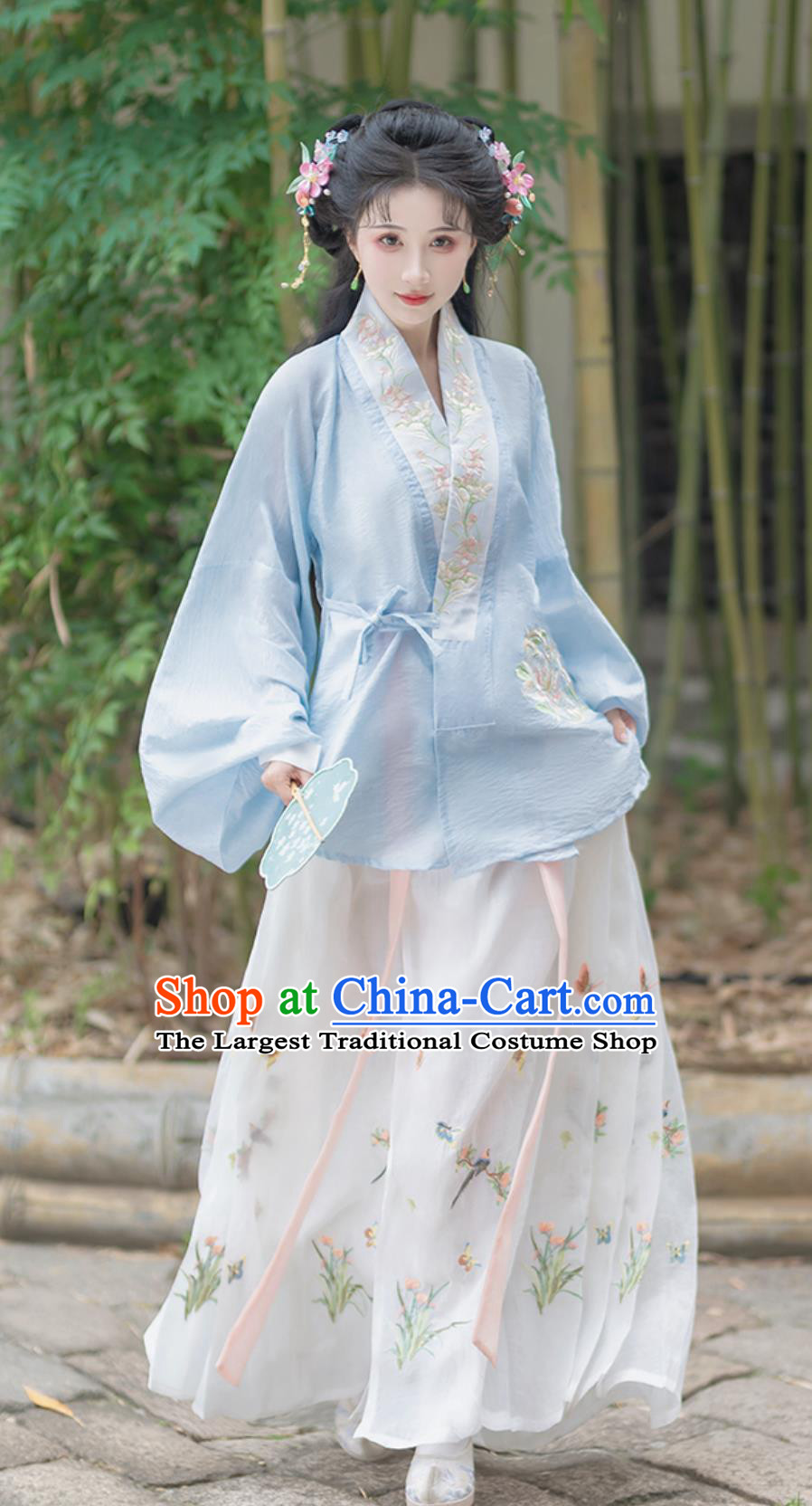 Chinese Ming Dynasty Hanfu Women Spring Summer Blue Blouse and Horse Face Skirt Complete Set