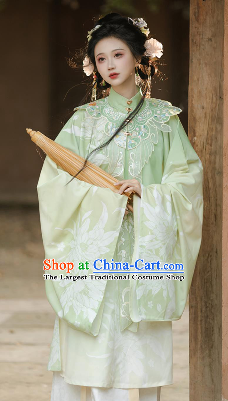Chinese Ming Dynasty Hanfu Green Traditional Costume Women Cloud Shoulder Cape Long Robe Horse Face Skirt Set