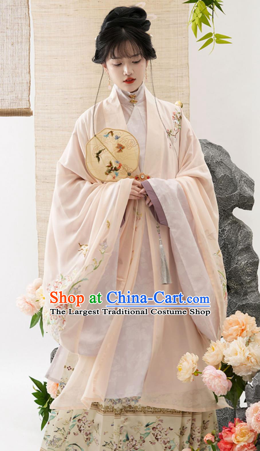 Ming Dynasty Hanfu Women Pink Long Gown and Ma Mian Qun Ancient Chinese Costumes Set