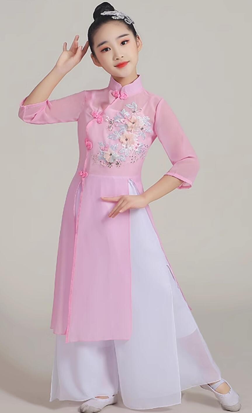 Chinese Classical Dance Clothing Children Fan Dance Costume Traditional Dance Pink Outfit