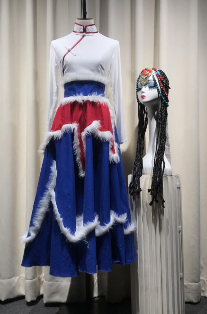 Zang Nationality Folk Dance Blue Dress Customized Tibetan Performance Costume Chinese Women Group Dance Clothing