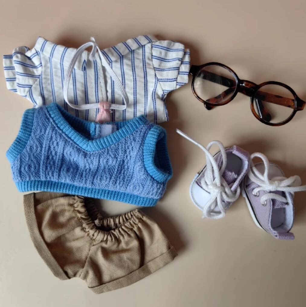 Labubu Doll Costumes Vintage Workwear Set Sweater Plaid Flannel Shirt Backpack Chunky Eyeglasses and Canvas Shoes