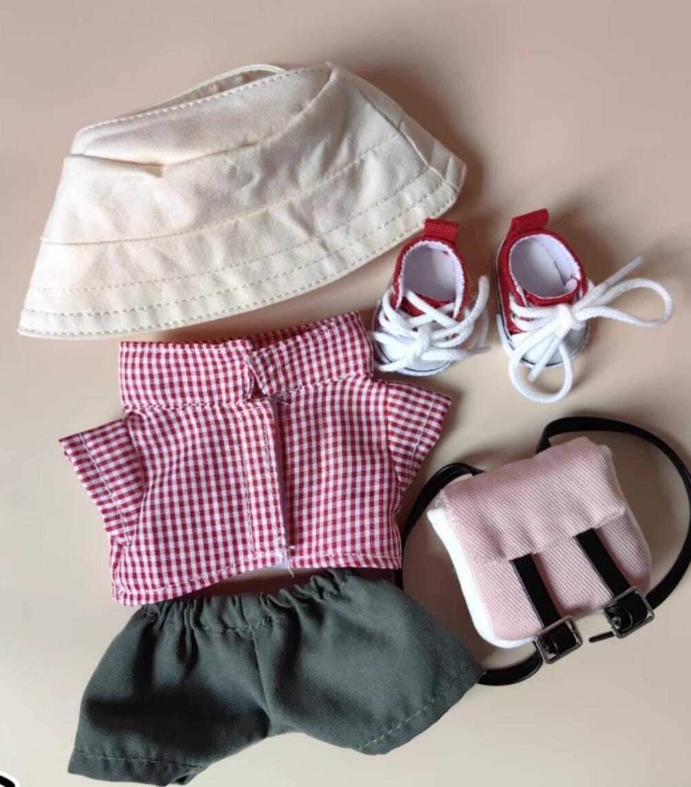 Labubu Doll Costumes Vintage Workwear Set Red Plaid Shirt Fisherman Hat Backpack and Canvas Shoes
