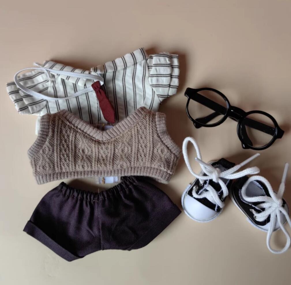 Labubu Doll Costumes Vintage Workwear Set Stripe Shirt Sweater Backpack Eyeglasses and Canvas Shoes