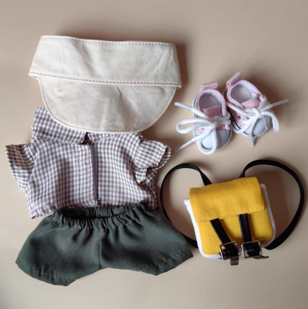 Labubu Doll Costumes Vintage Workwear Set Fisher Hat Plaid Shirt Backpack and Canvas Shoes