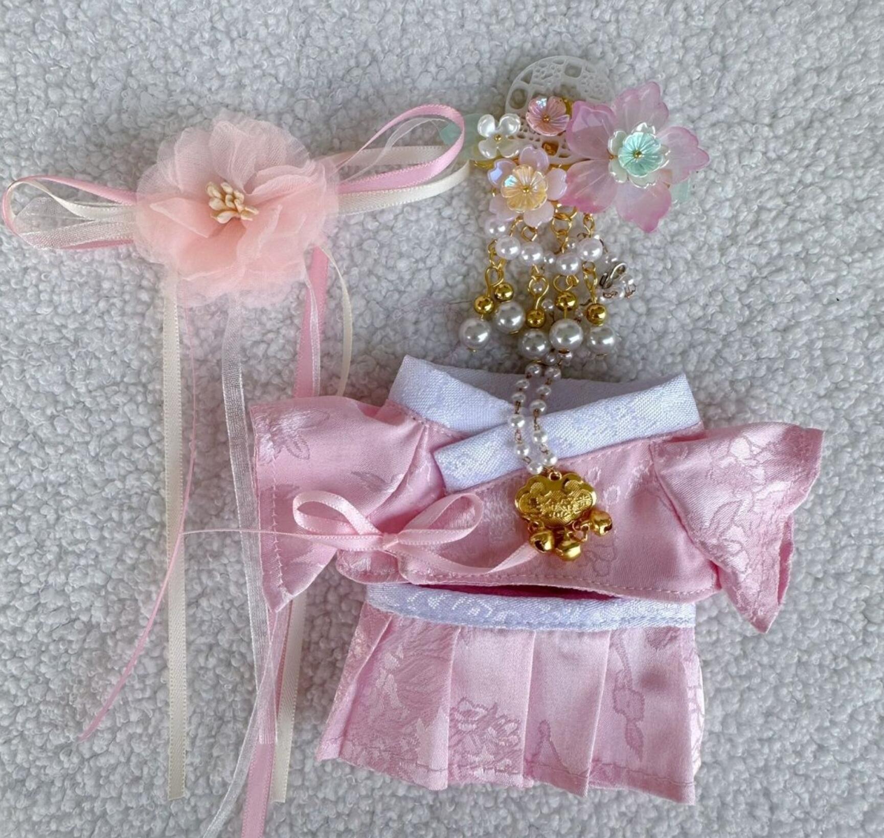 Handmade Labubu Pink Hanfu Doll Costumes Chinese Traditional Clothing and Accessories Set