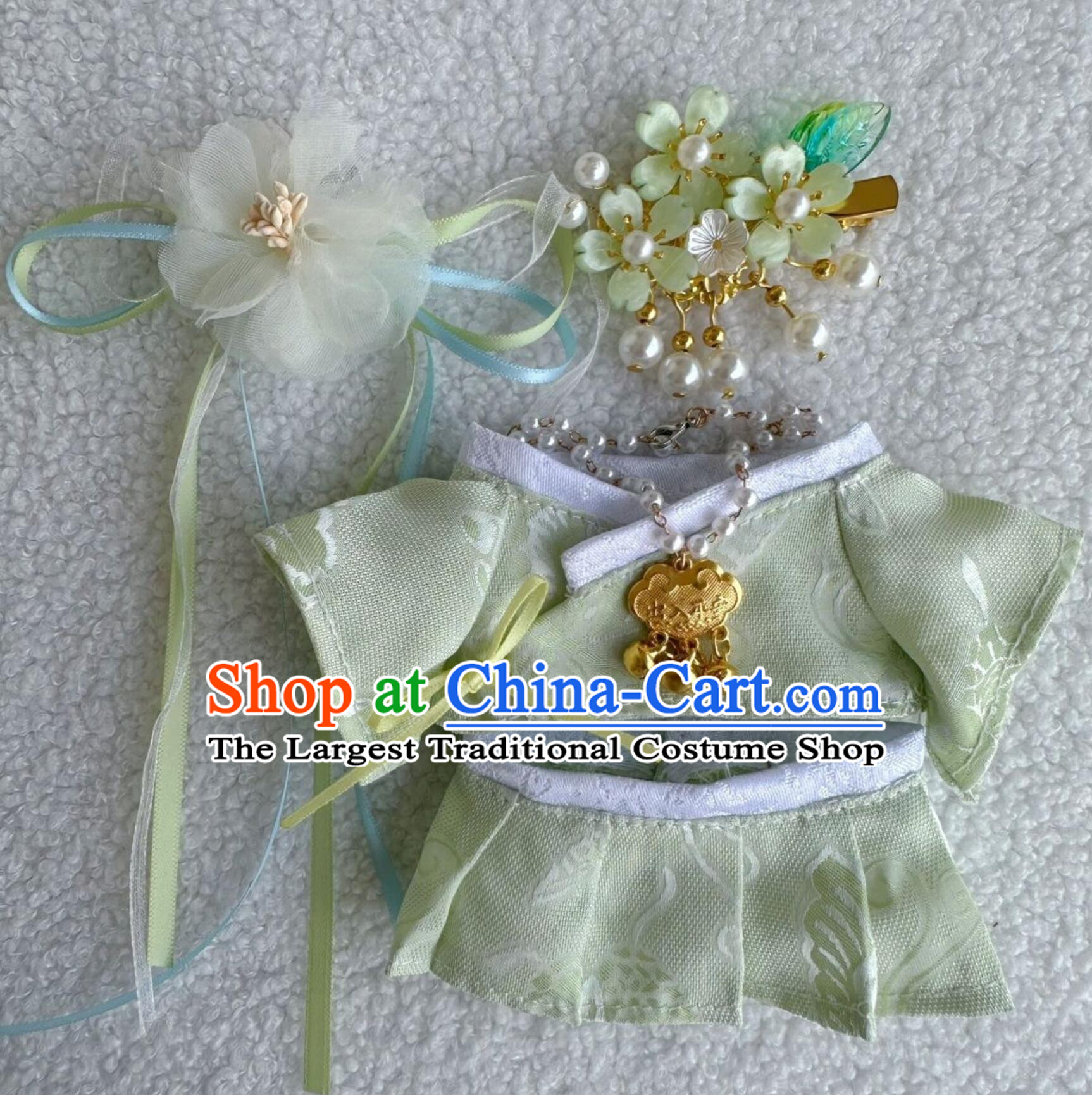 Handmade Labubu Green Hanfu Doll Costumes Chinese Traditional Clothing and Accessories Set