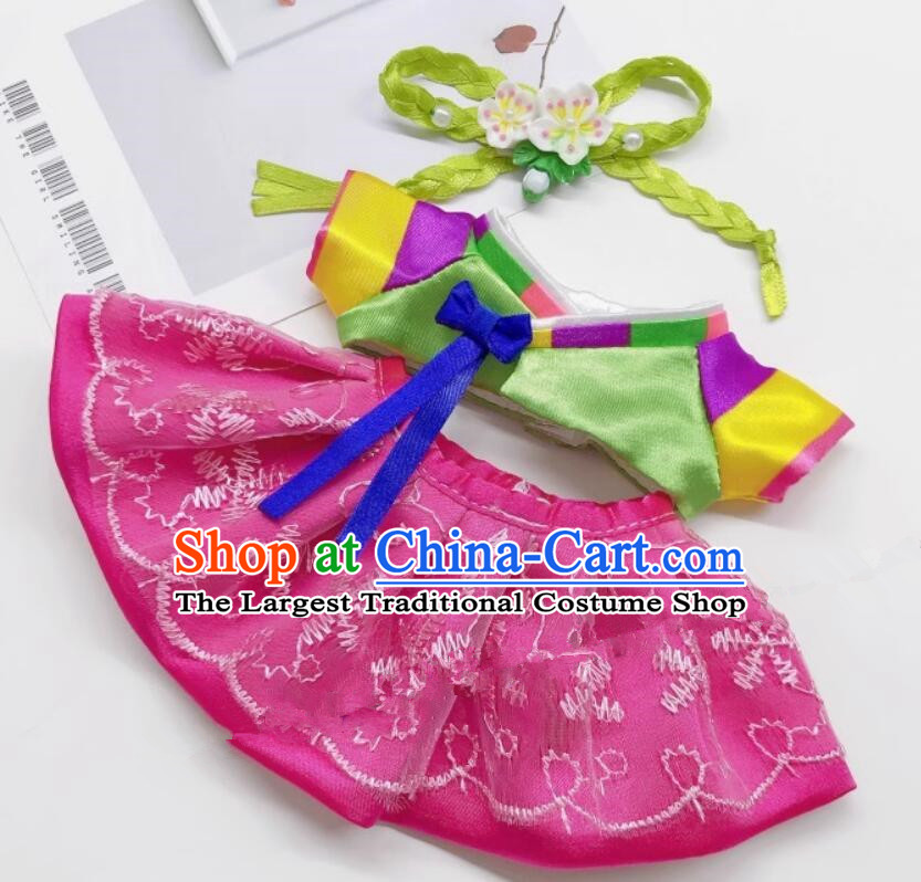 Handmade Labubu Hanbok Doll Costumes Traditional Korean Clothing Green Top and Rosy Skirt