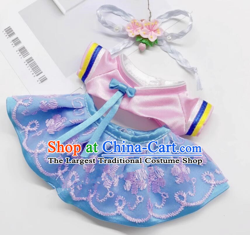 Handmade Labubu Hanbok Doll Costumes Traditional Korean Clothing Pink Top and Blue Skirt