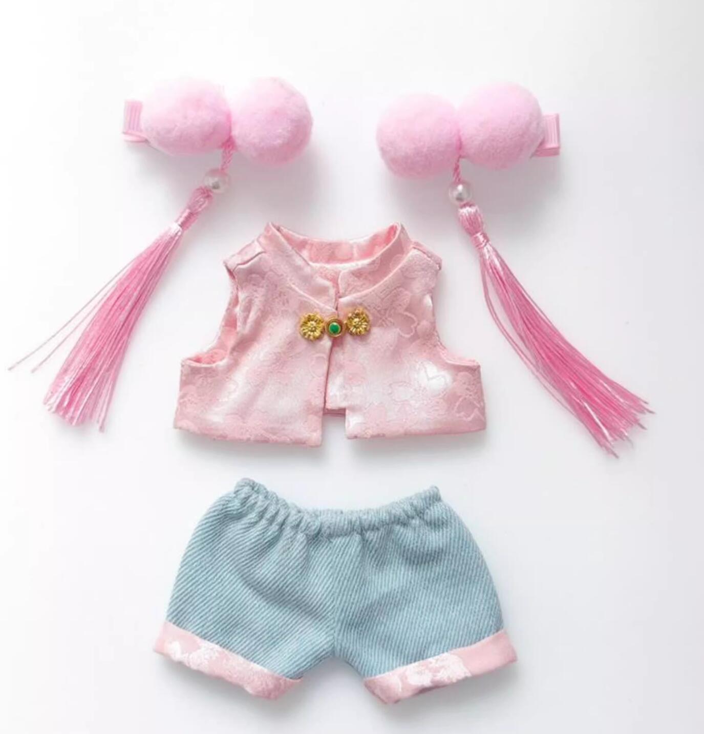 Handmade Labubu Pink Outfit Doll Costumes Traditional Chinese Style Clothing and Headpieces