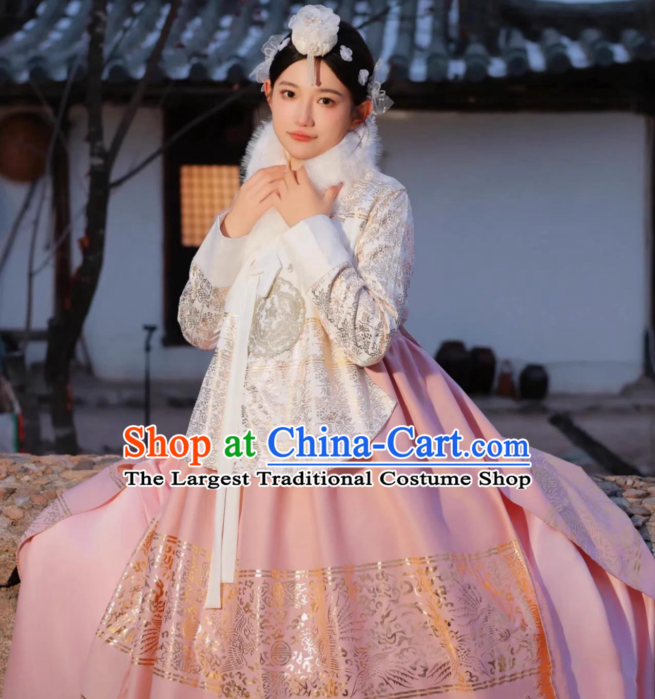 Korean Ancient Court Style Ethnic Attire Hanbok Yanji Princess White Blouse and Pink Dress Set