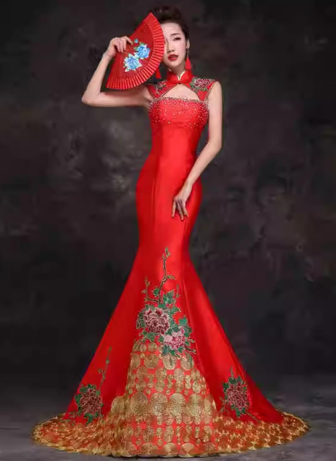 Chinese Style Performance Qipao Wedding Banquet Dress Embroidered Mermaid Tail Evening Gown