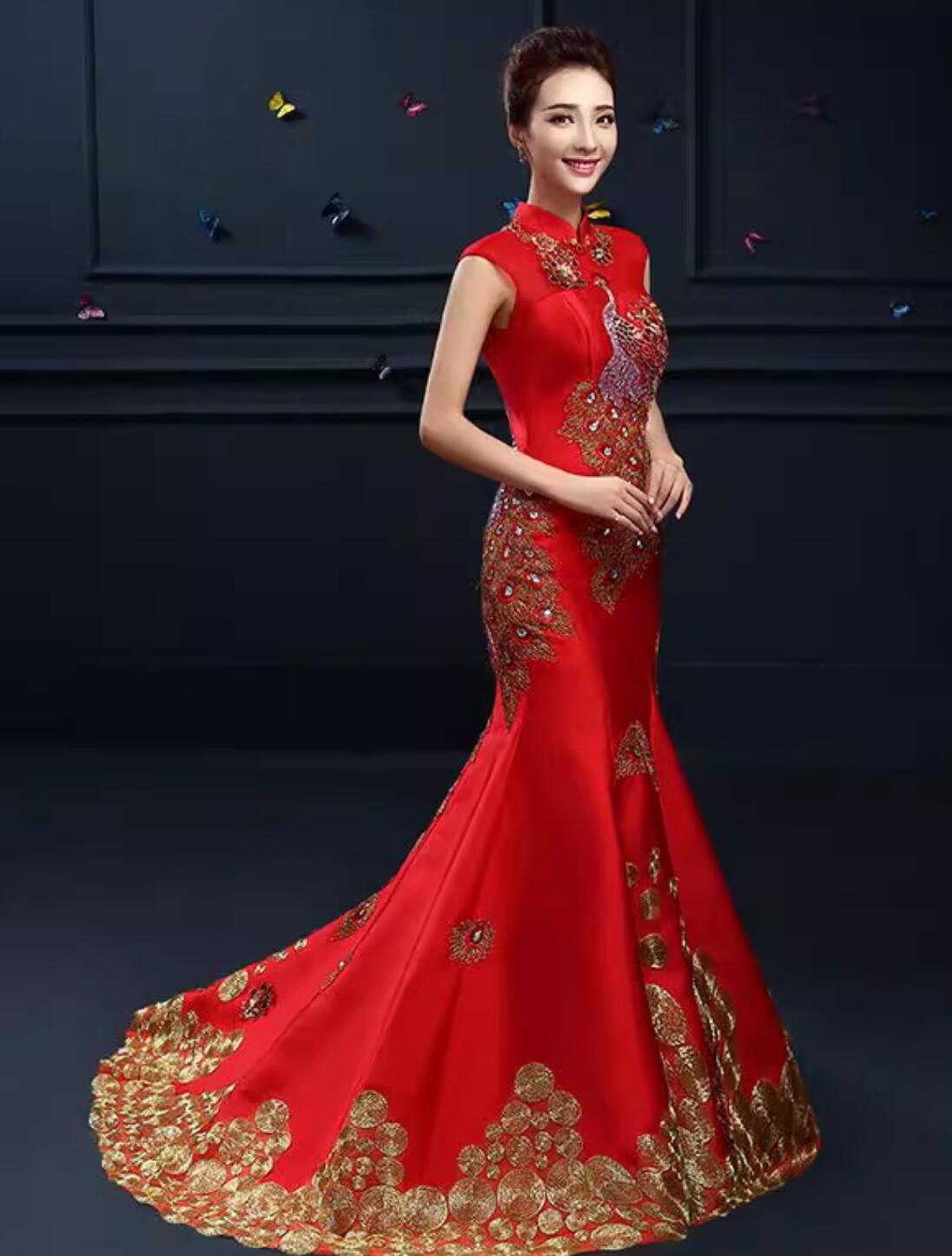 Red Phoenix Bride Dress Hostess Evening Gala Mermaid Long Train Gown Chinese Style Costume