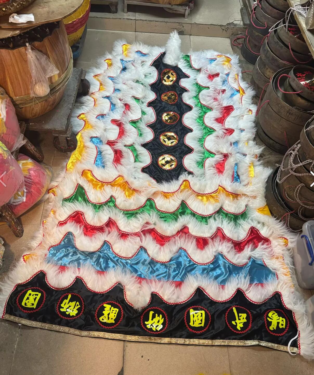 Colorful Satin Lion Dance Tail and Pants Traditional Wool Lion Costumes Set