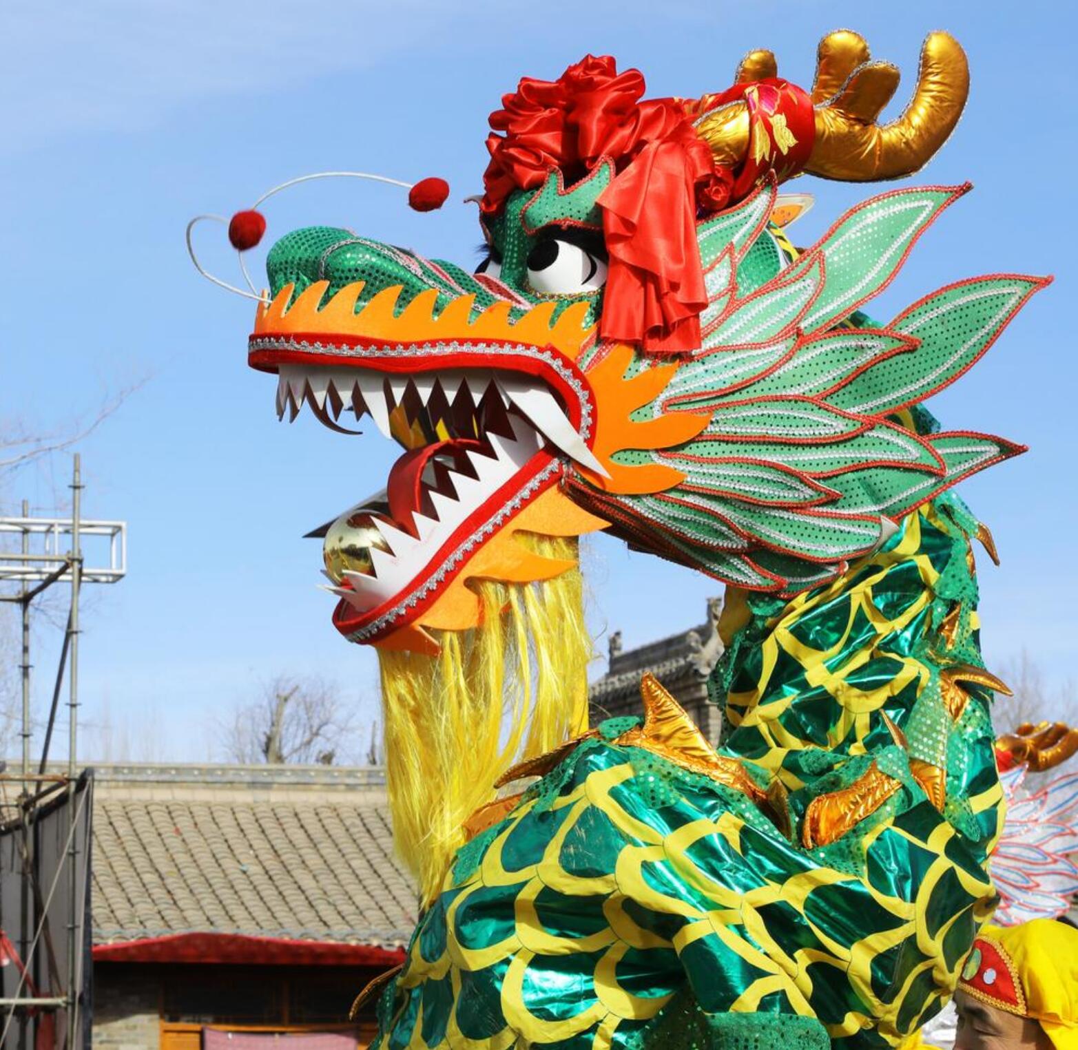 Green Traditional Dragon Dance Prop Chinese Festival Dragon Dance Equipment Dragon Head Costume Complete Set