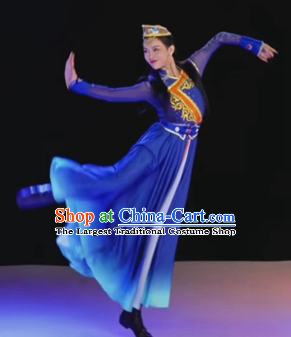 Mongolian Dance Performance Costume Chinese Ethnic Minority Mongolian Art Exam Performance Outfit Blue Dress