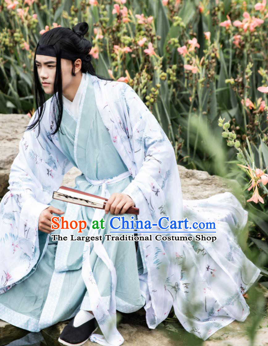 Mens Hanfu Ancient Chinese Gentleman Scholar Clothing Ming Dynasty Wide Sleeve Gown Bamboo Linen Zhiju Robe