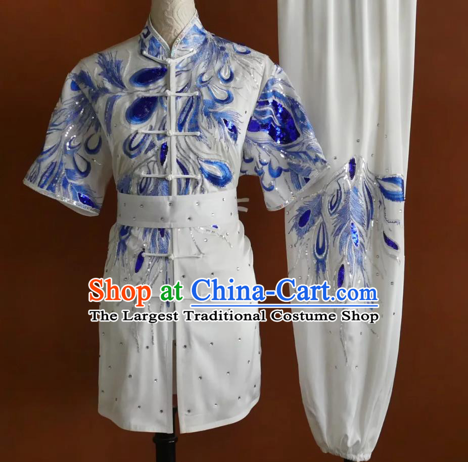 Patchwork Gauze Embroidery Sequins Chang Quan Costume Kung Fu White Suit Martial Arts Competition Uniform