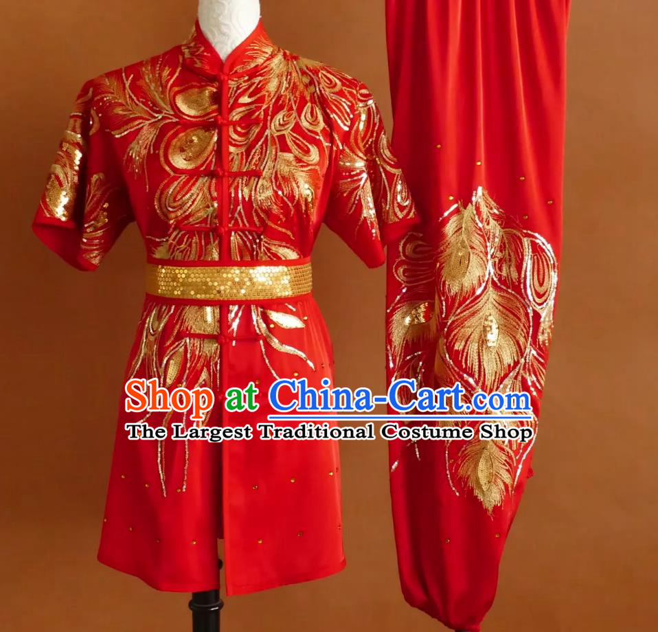 Professional Kung Fu Training Uniform Glitter Embroidery Martial Arts Red Suit Wushu Changquan Competition Costume