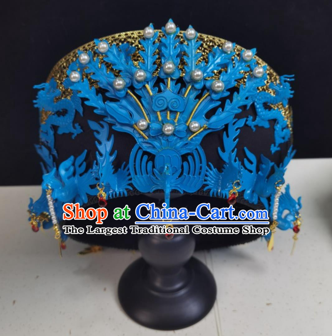 Qing Dynasty Manchu Headpiece Ruyi Zhuan Style Empress Noble Consort Hat Handmade Diadem Blue Phoenix Hair Accessory