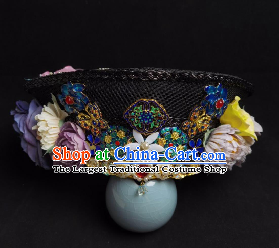 Ruyi Zhuan Style Empress Noble Consort Blueing Hat Handmade Diadem Hair Accessory Qing Dynasty Manchu Headpiece