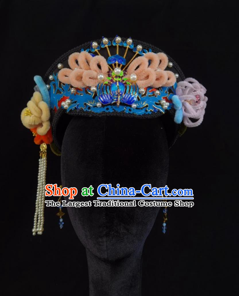 Zhen Huan Style Royal Princess Hairpin Handmade Chinese Empress Velvet Chrysanthemum Hat Palace Hair Jewelry Qing Dynasty Manchu Headpiece