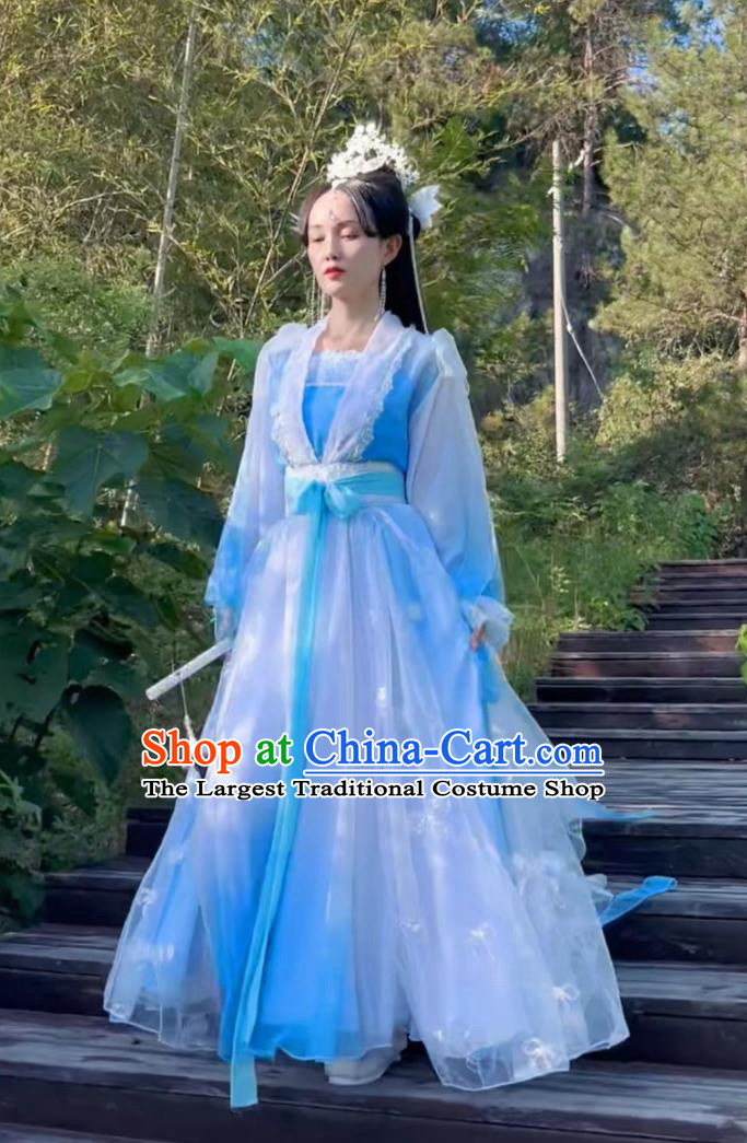 Ancient Chinese Fairy Clothing Traditional Hanfu Gradient Blue Dress
