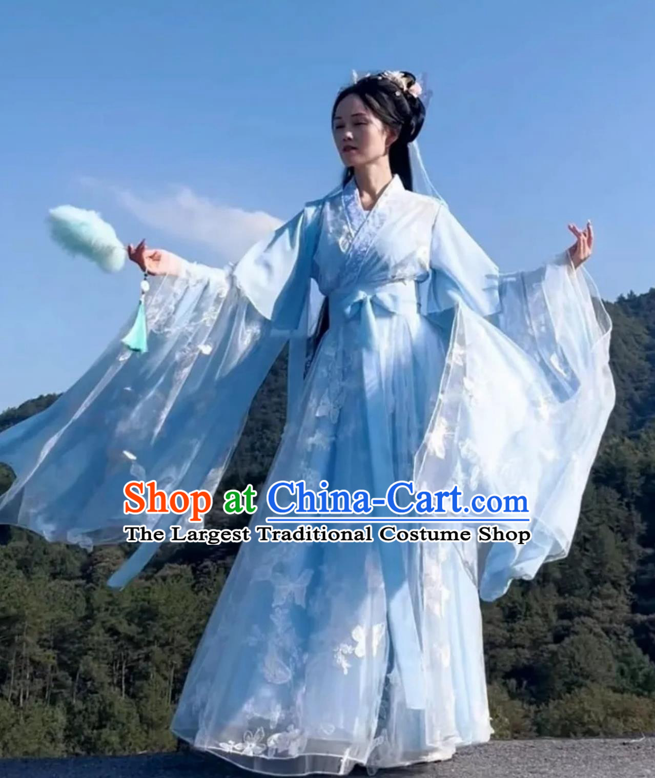 Ancient Chinese Fairy Princess Clothing Traditional Wide Sleeve Hanfu Embroidered Butterfly Blue Dress