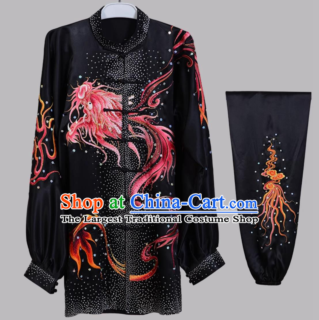 Chinese Kung Fu Performance Outfit Pure Silk Embroidered Red Dragon Tai Chi Suit Taiji Training Wear