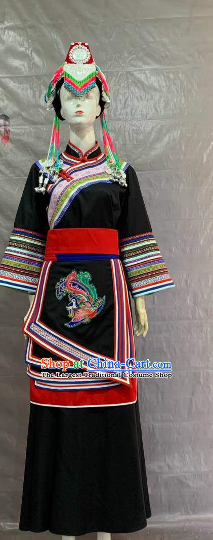 She Ethnic Costume Women Black Outfit Long Dress Embroidered 56 Ethnic Minority Chinese Traditional Clothing