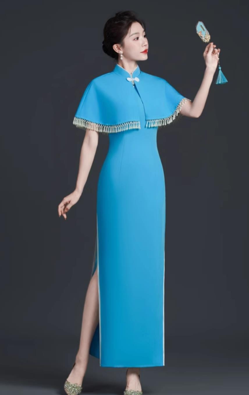 Light Blue Stage Performance Qipao Simple Slim Long Chinese Banquet Evening Gown