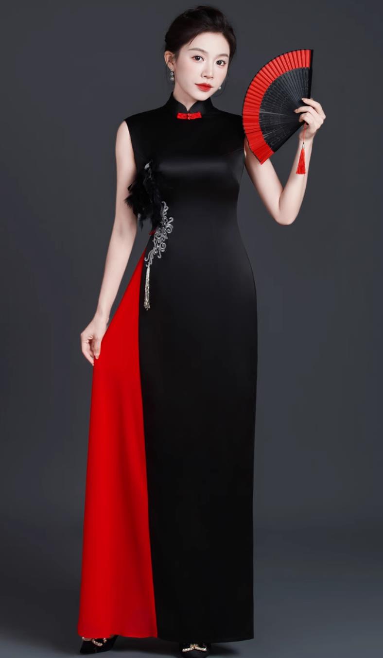 Black and Red Stage Performance Qipao Slim Fit Long Dress Chinese Style Banquet Evening Gown
