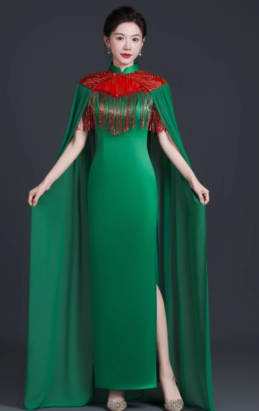 Chinese Style Banquet Evening Gown Stage Performance Qipao Green Long Cape Dress