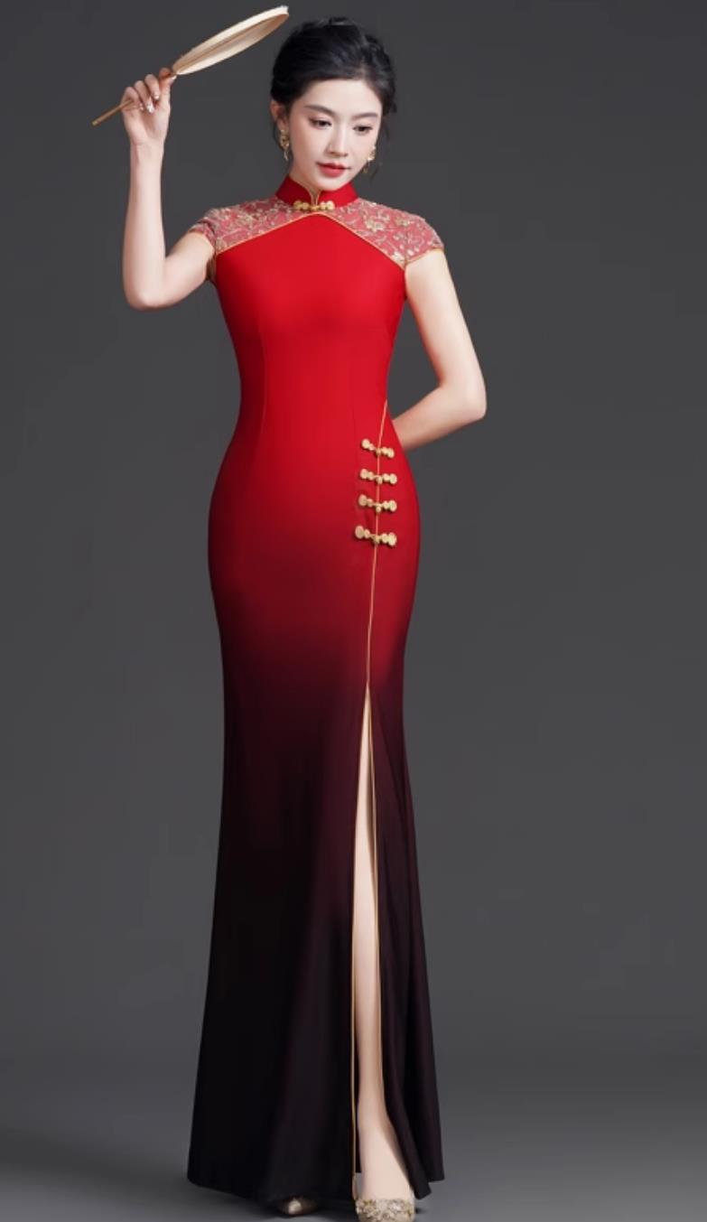 Chinese Style Banquet Evening Gown Gradient Mermaid Tail High Slit Stage Performance Runway Dress
