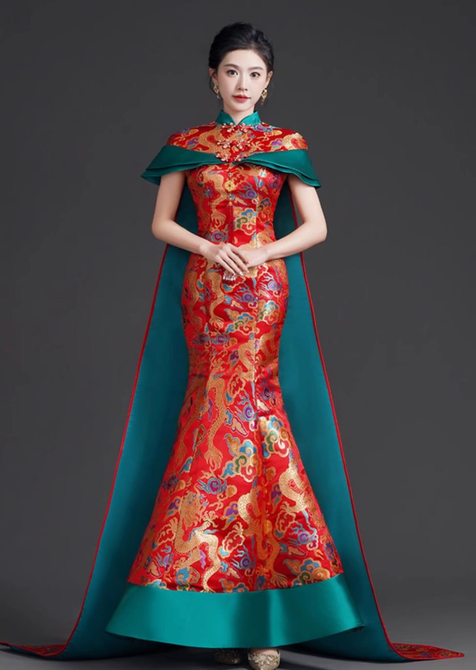Chinese Modified Qipao with Train Runway Performance Red Evening Gown Mermaid Tail Hostess Dress