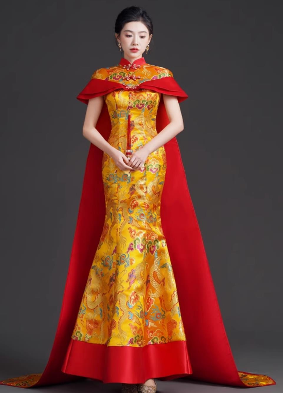 Mermaid Tail Hostess Dress Chinese Modified Qipao with Train Runway Performance Golden Evening Gown