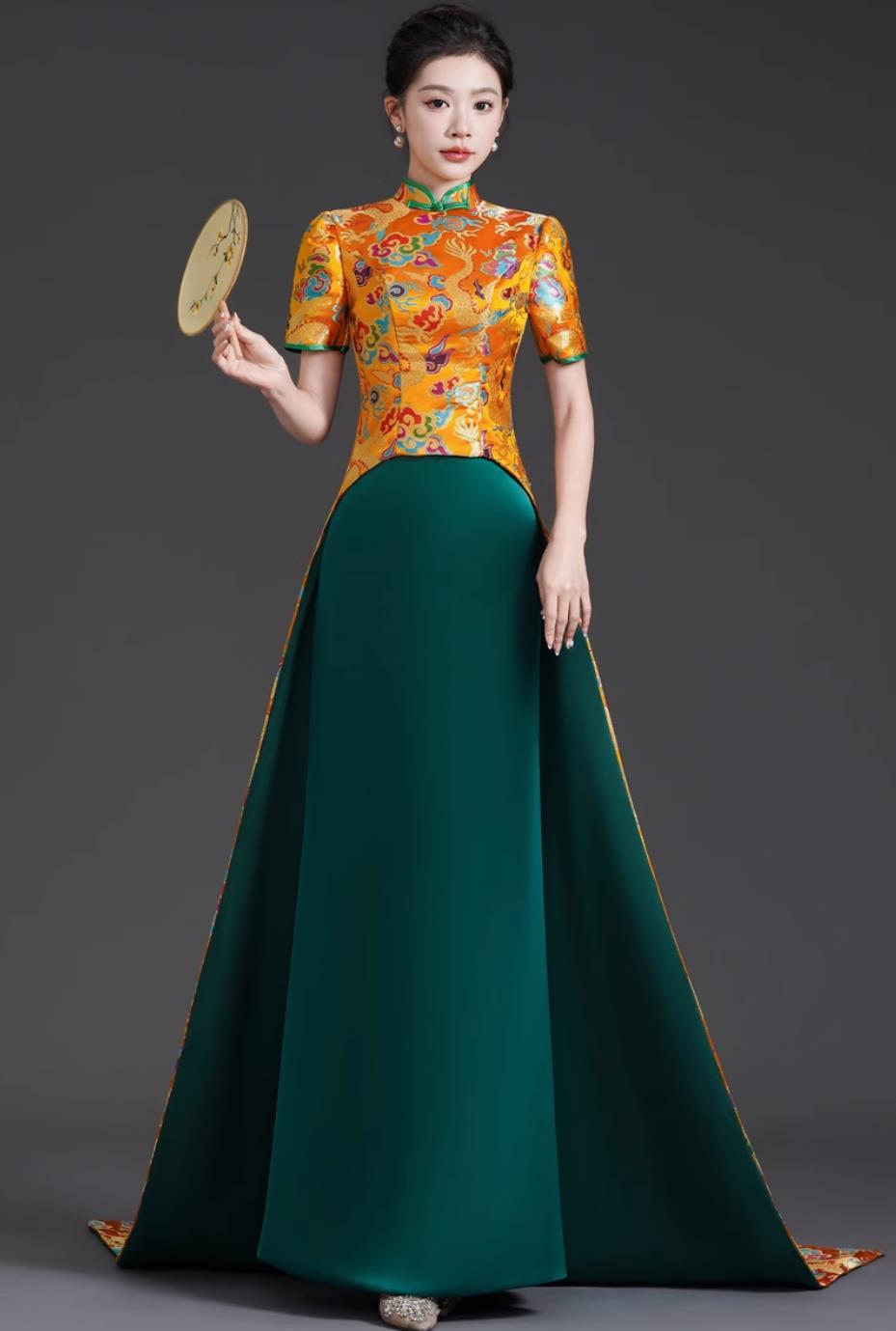 Chinese Style Luxury Train Banquet Evening Gown Long Mermaid Tail Slim Fit Runway Performance Dress