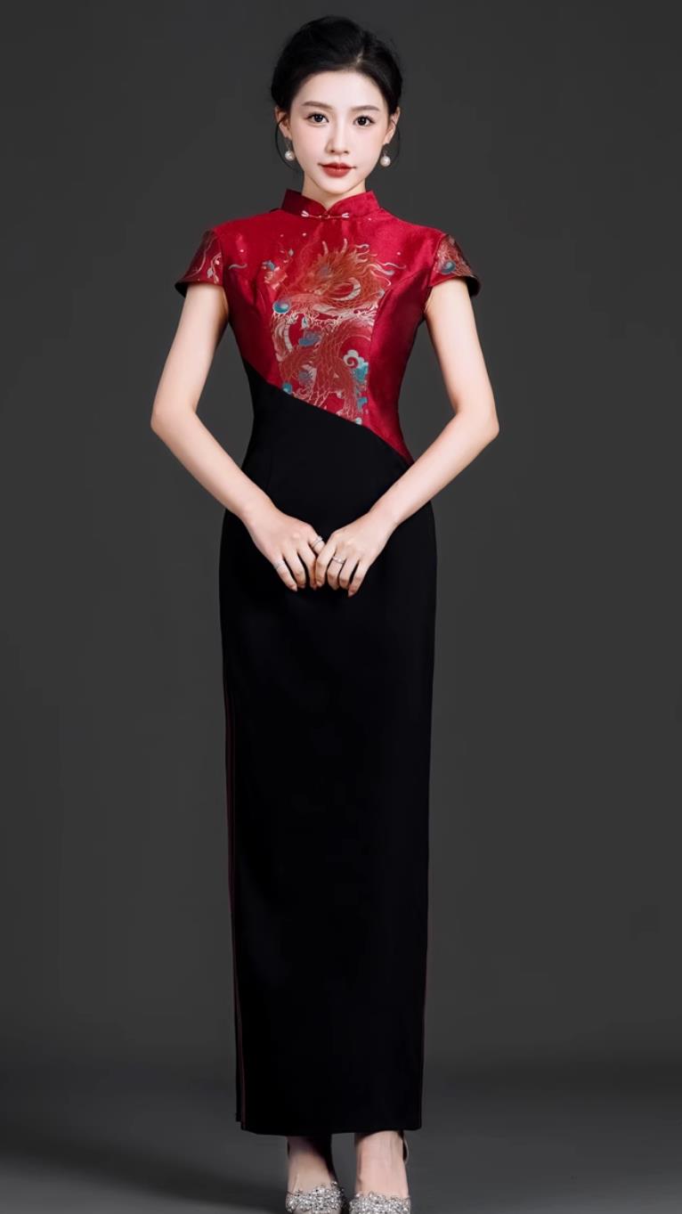 Fashion Show Cheongsam Long Dress Chinese Style Stage Performance Costume Retro Elegant Traditional Gown