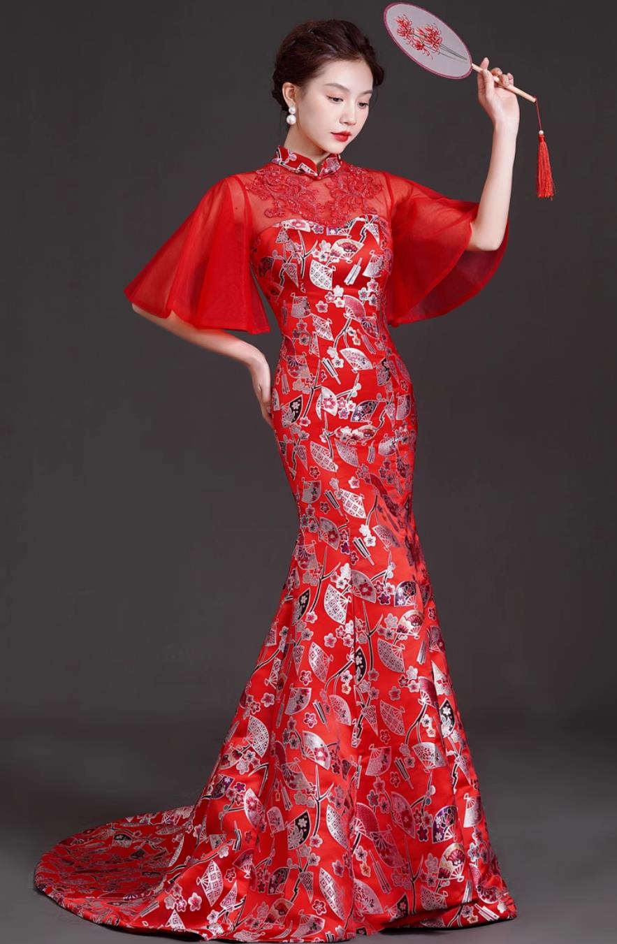 Chinese Style Long Mermaid Gown Red Trailing Guzheng Performance Costume Model Runway Stage Cheongsam Dress