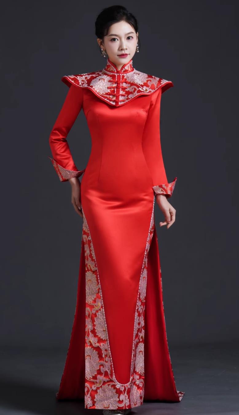 Chinese Style Runway Cheongsam Performance Costume Long Mermaid Fit Slimming Evening Gown Short Trailing Dress
