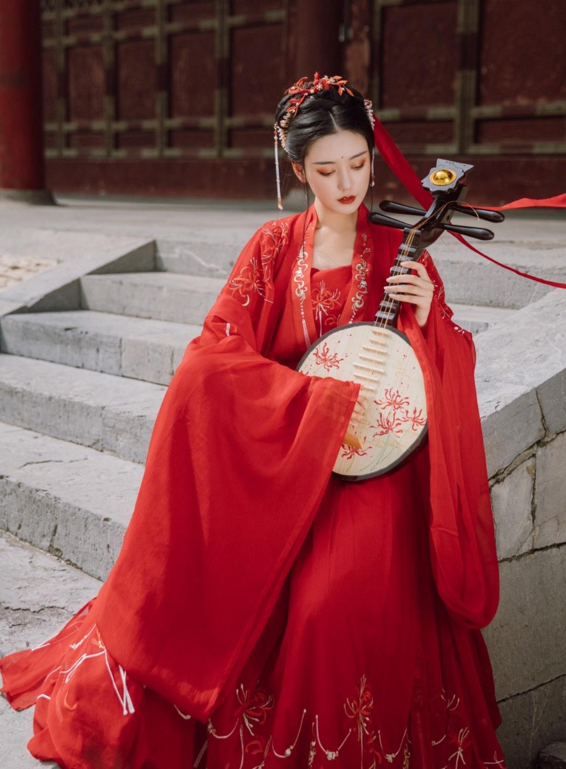 Red Chinese Hanfu Dress Tang Dynasty High Waist Ruqun and Wide Sleeves Cape Complete Set
