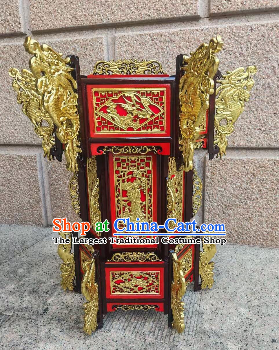 Antique Chinese Dragon Head Gilded Hexagonal Palace Lantern Temple Hall Wood Carving Lamp Chinese Palace Light