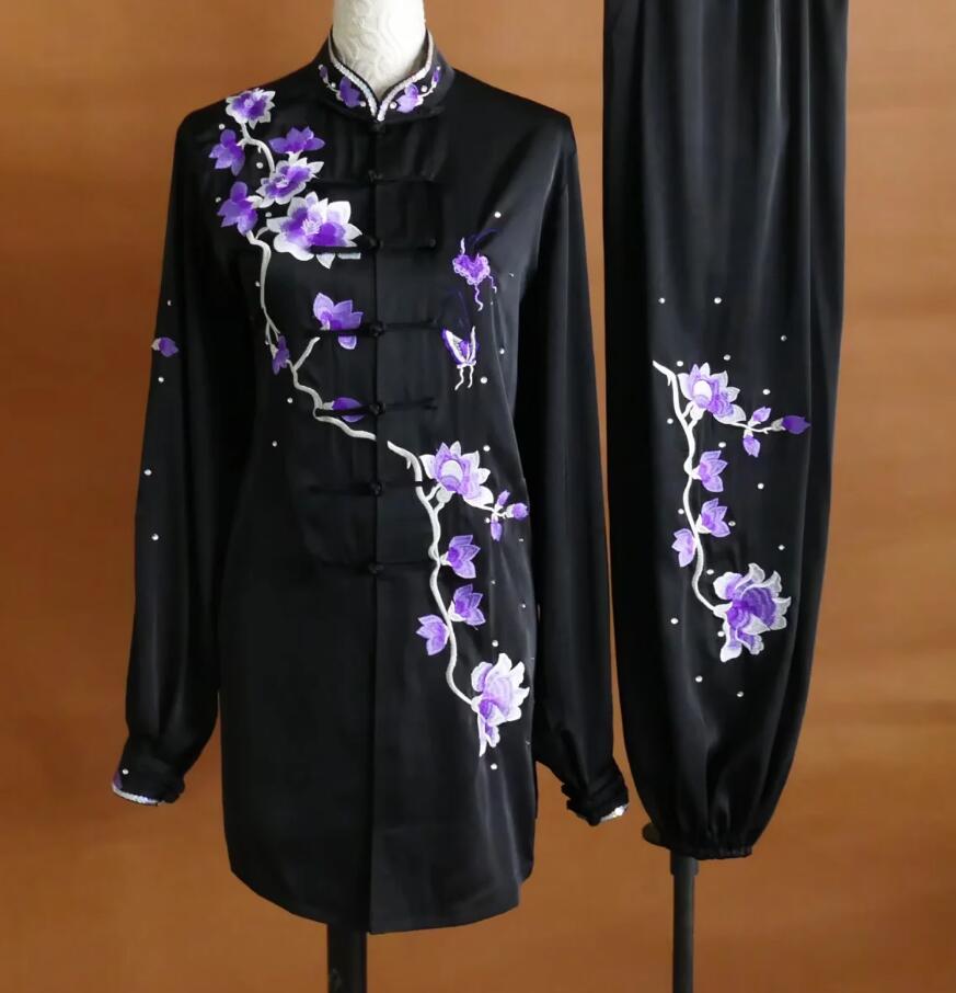 Flower Embroidery Tai Chi Suit Group Competition Performance Outfit Women Qigong Uniform Mid Long Black Taiji Clothing