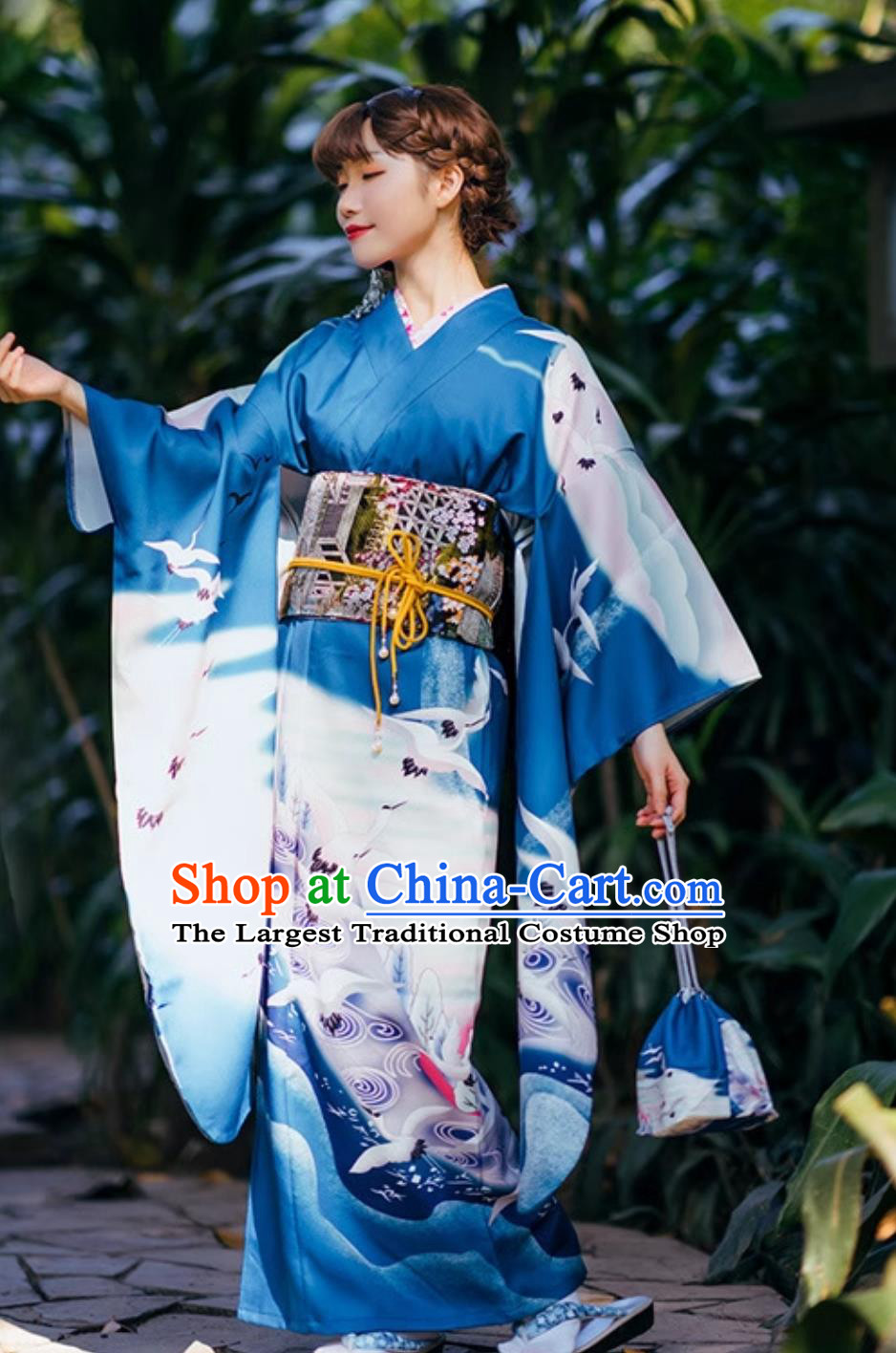 Japanese Traditional Women Modified Blue Crane Furisode Kimono