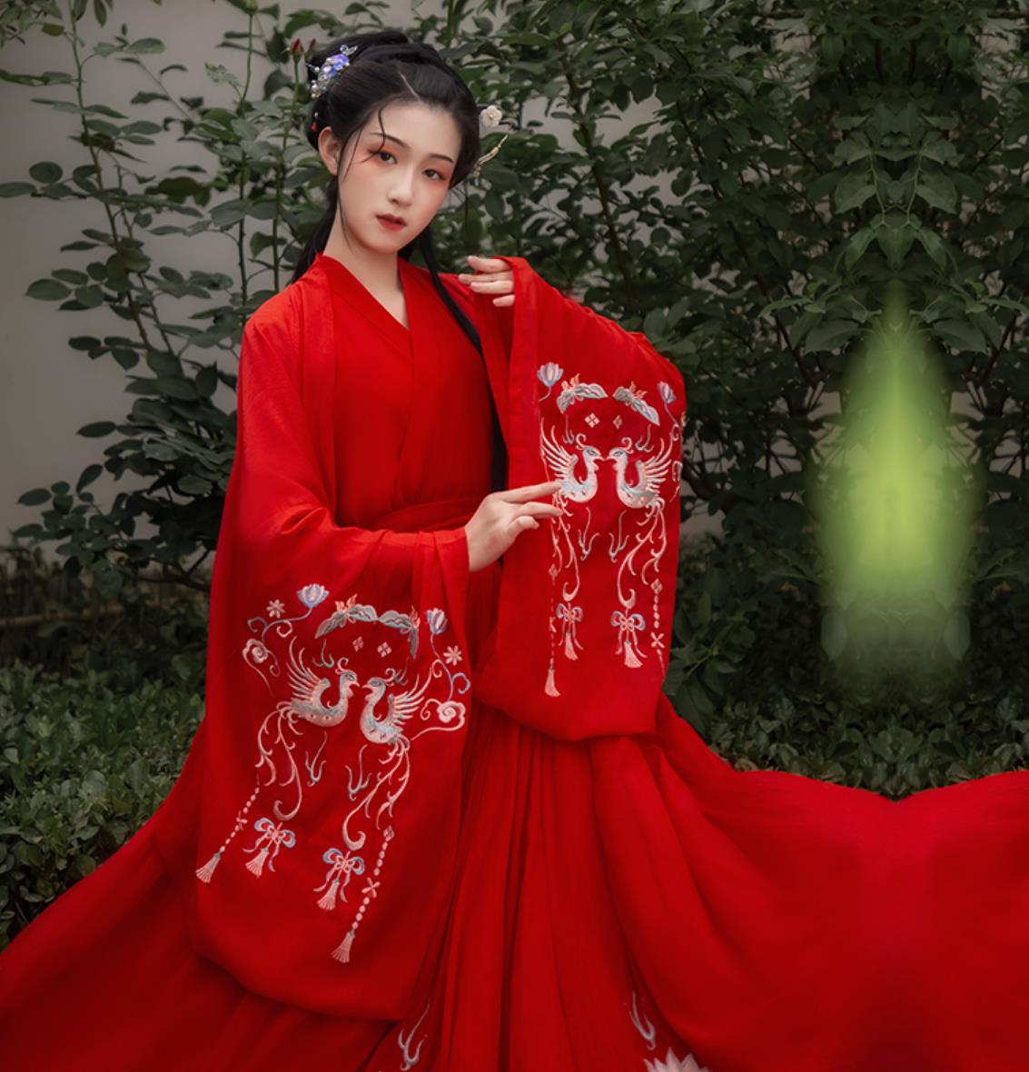 Chinese Traditional Women High Waist Cross Collar Hanfu Blouse Wide Sleeves Heavy Embroidery Dress