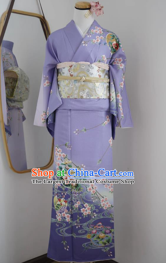 Purple Japanese Traditional Authentic Women Houmongi Kimono Formal Dress