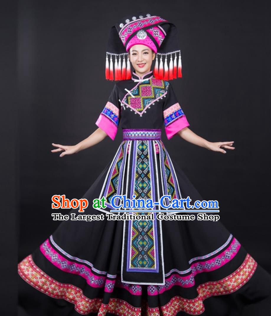 Zhuang Ethnic Black Ceremonial Long Dress Singer Catwalk Stage Performance Costume for Women