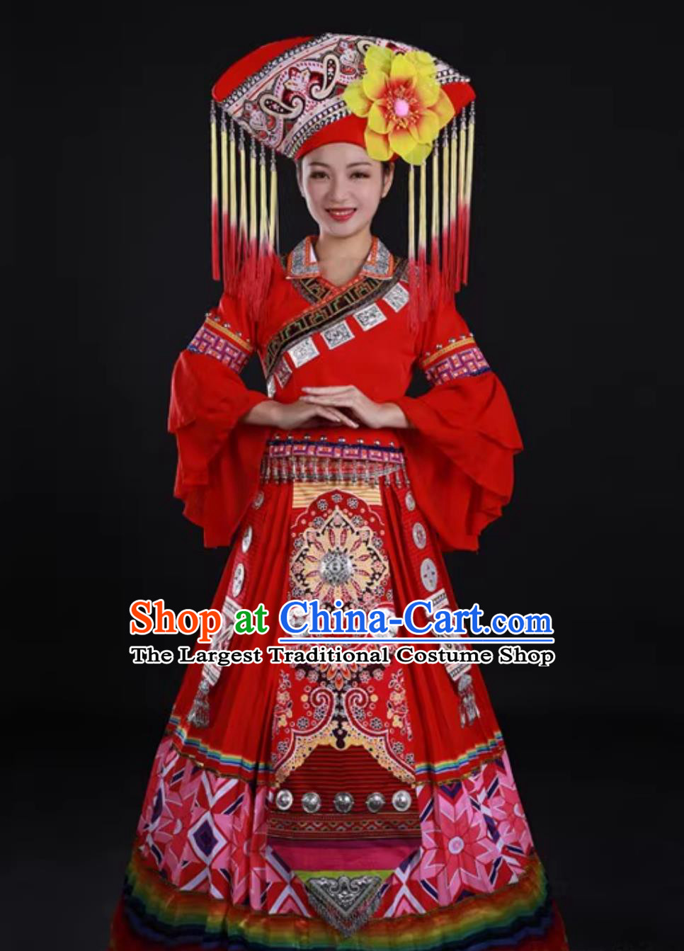 Zhuang Ethnic Red Floral Long Dress Chinese Minority Singer Stage Performance Costume for Women